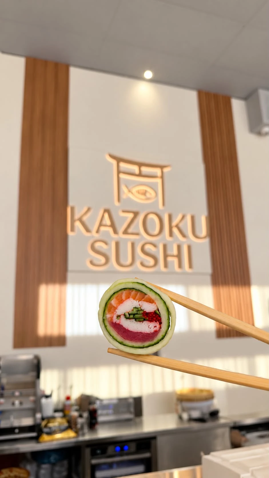 Un maki tenu entre des baguettes devant l'enseigne Kazoku Sushi
